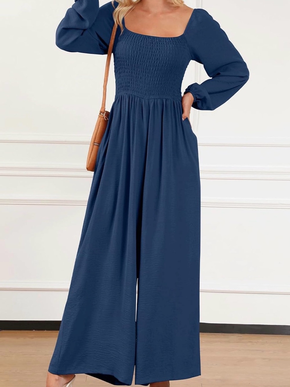 NWOT Smocked Square-Neck Wide-Leg Jumpsuit - Deep Blue